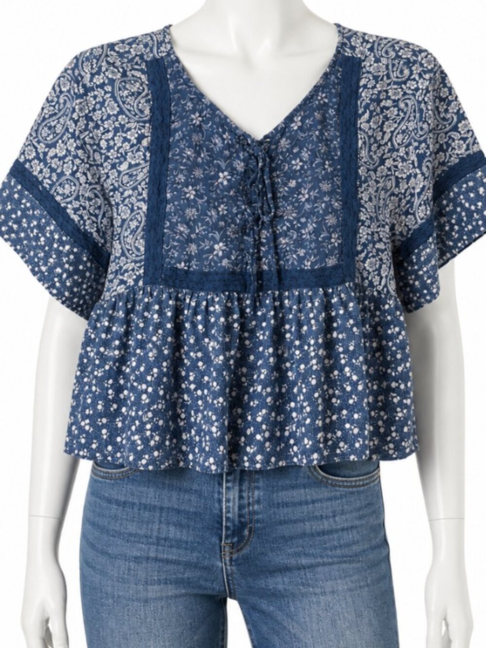 American Eagle Blue Floral Peplum Top Small Boho